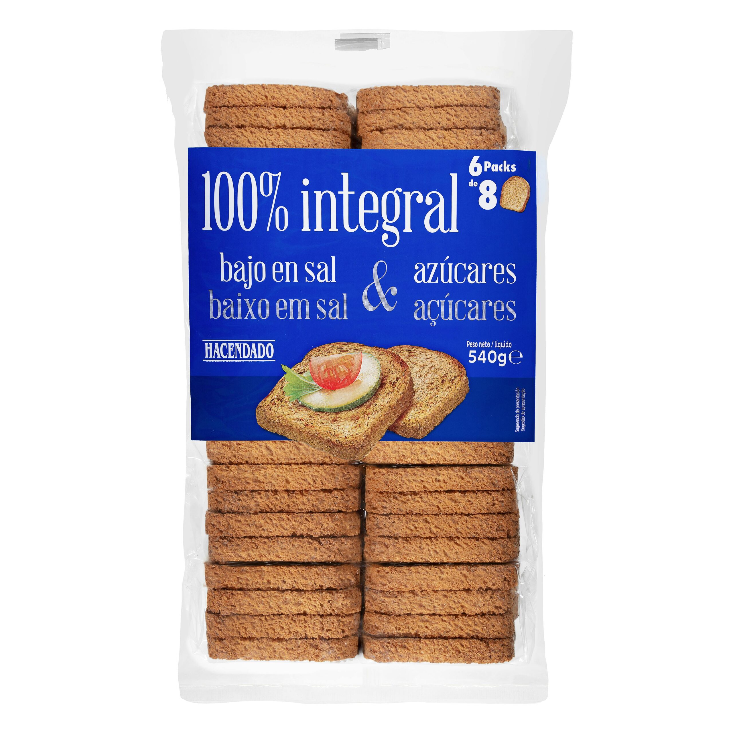 Pan tostado 100% integral bajo en sal y en azúcares Hacendado