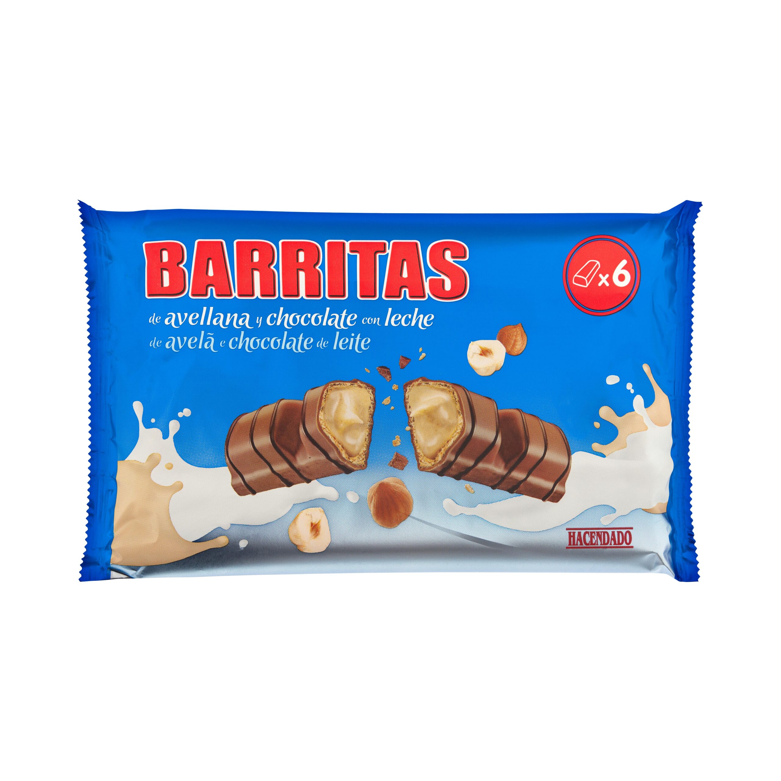 Barritas de barquillo Hacendado con relleno de avellana cubiertas de chocolate con leche