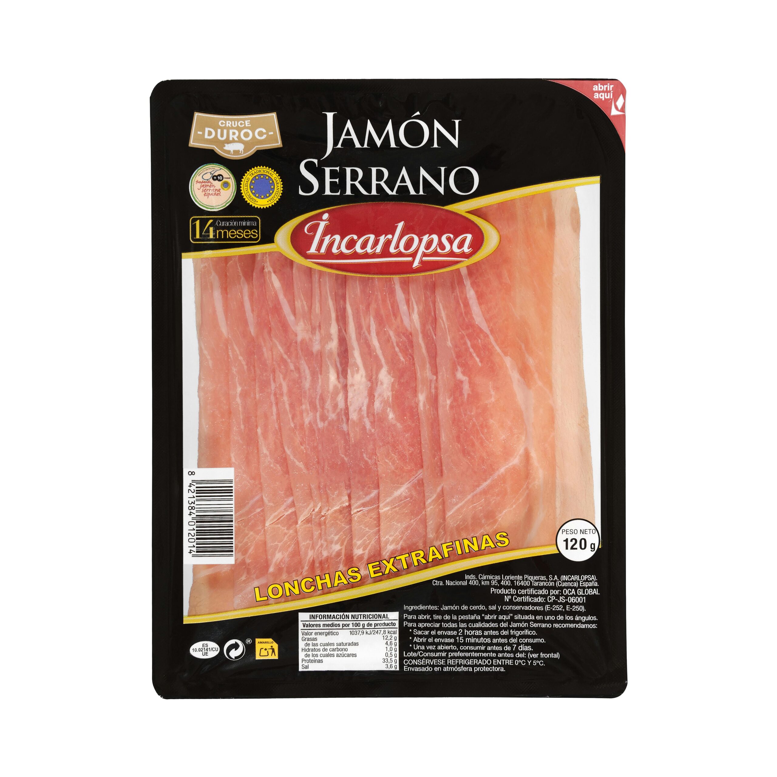 Jamón serrano Incarlopsa lonchas extrafinas