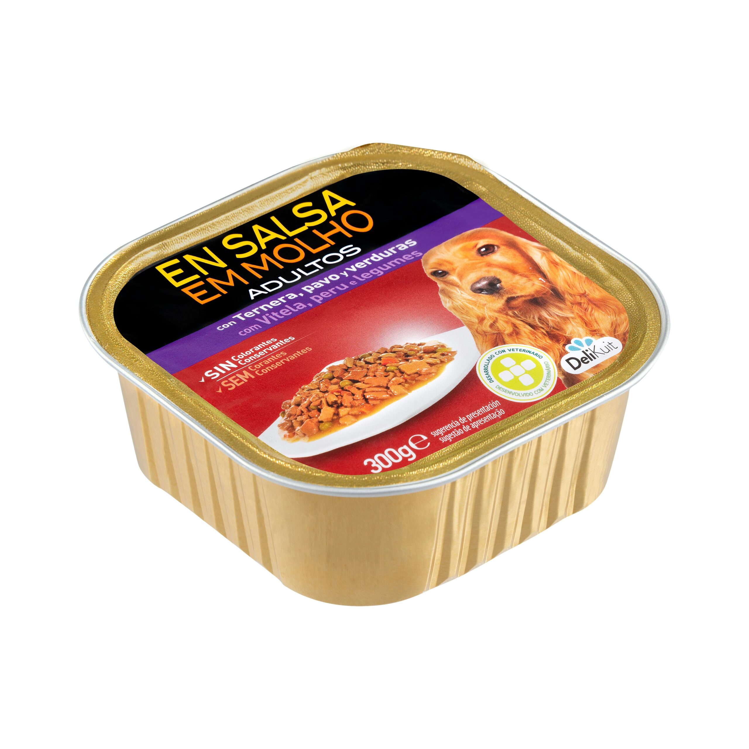 Trozos en salsa perro adulto Delikuit con ternera, pavo y verduras
