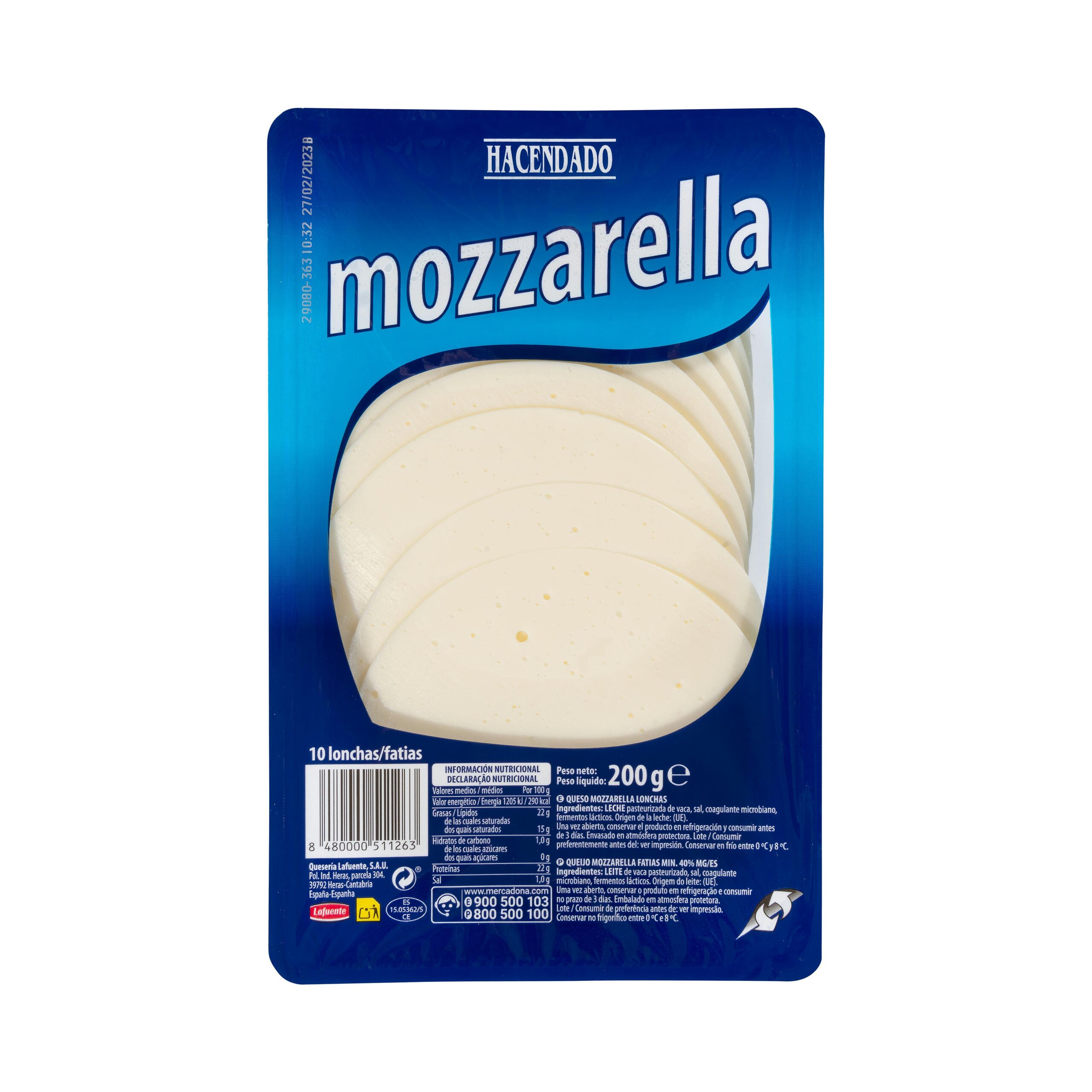 Queso lonchas mozzarella de vaca