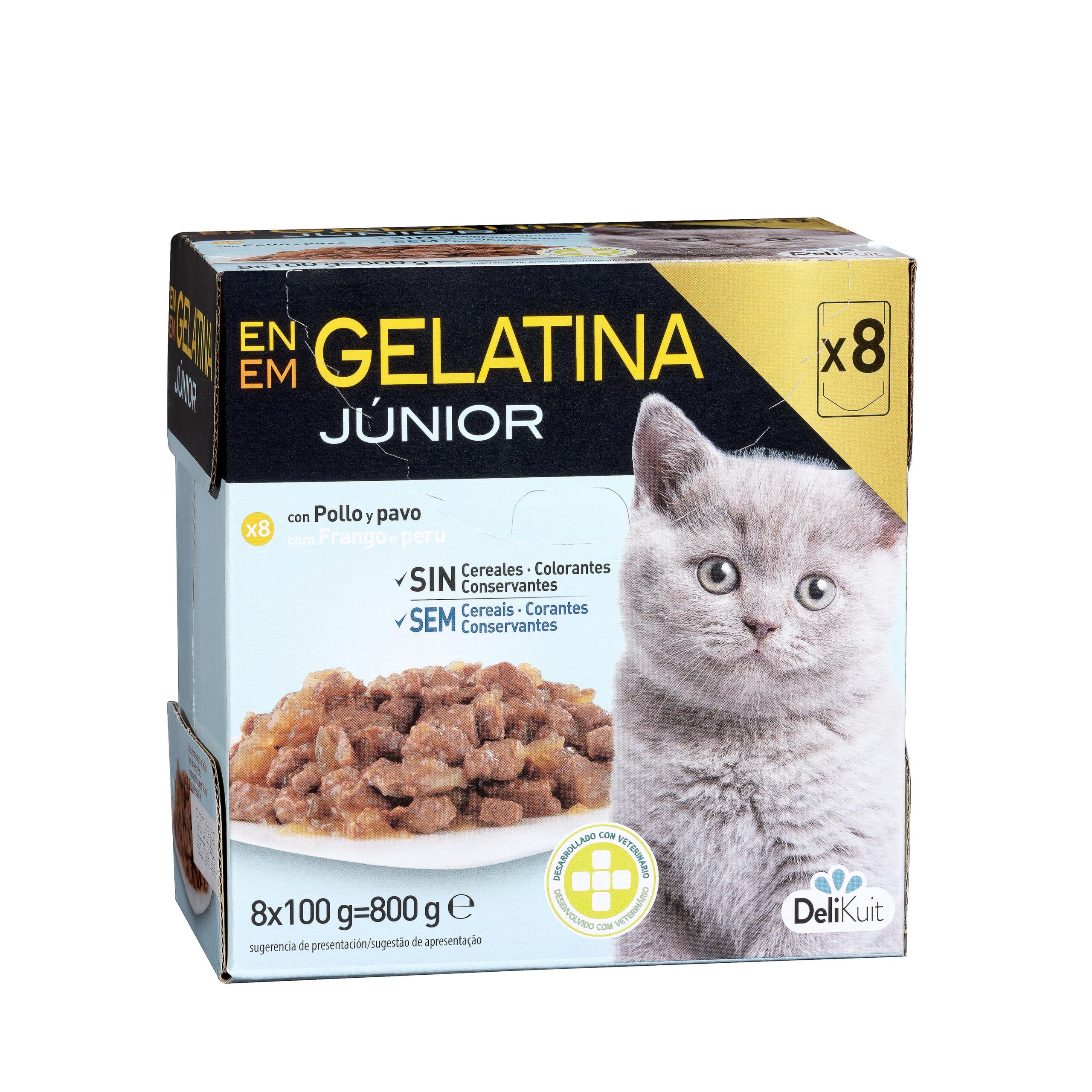 Bocaditos en gelatina gato júnior Delikuit con pollo y pavo