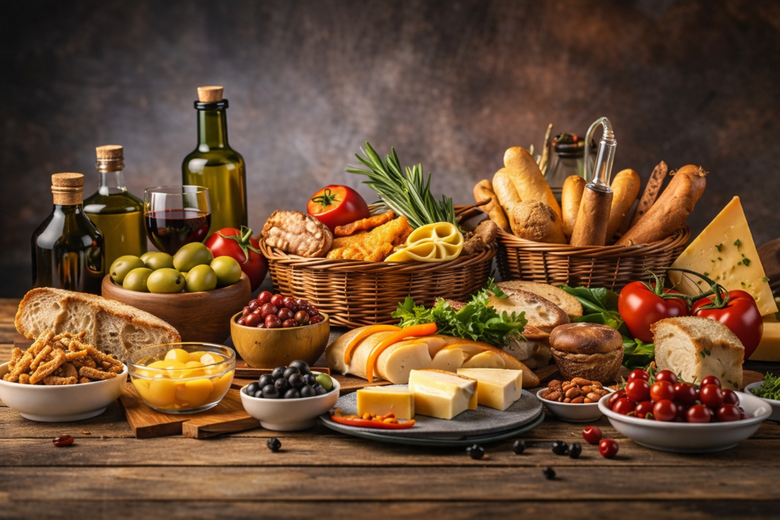 Spanische Lebensmittel mit Olivenöl, Brot, Käse, Tomaten, Oliven und Wein