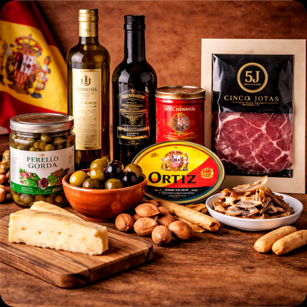 Auswahl spanischer Feinkost mit Oliven, Käse, Schinken, Nüssen und Gourmetprodukten auf rustikalem Holztisch