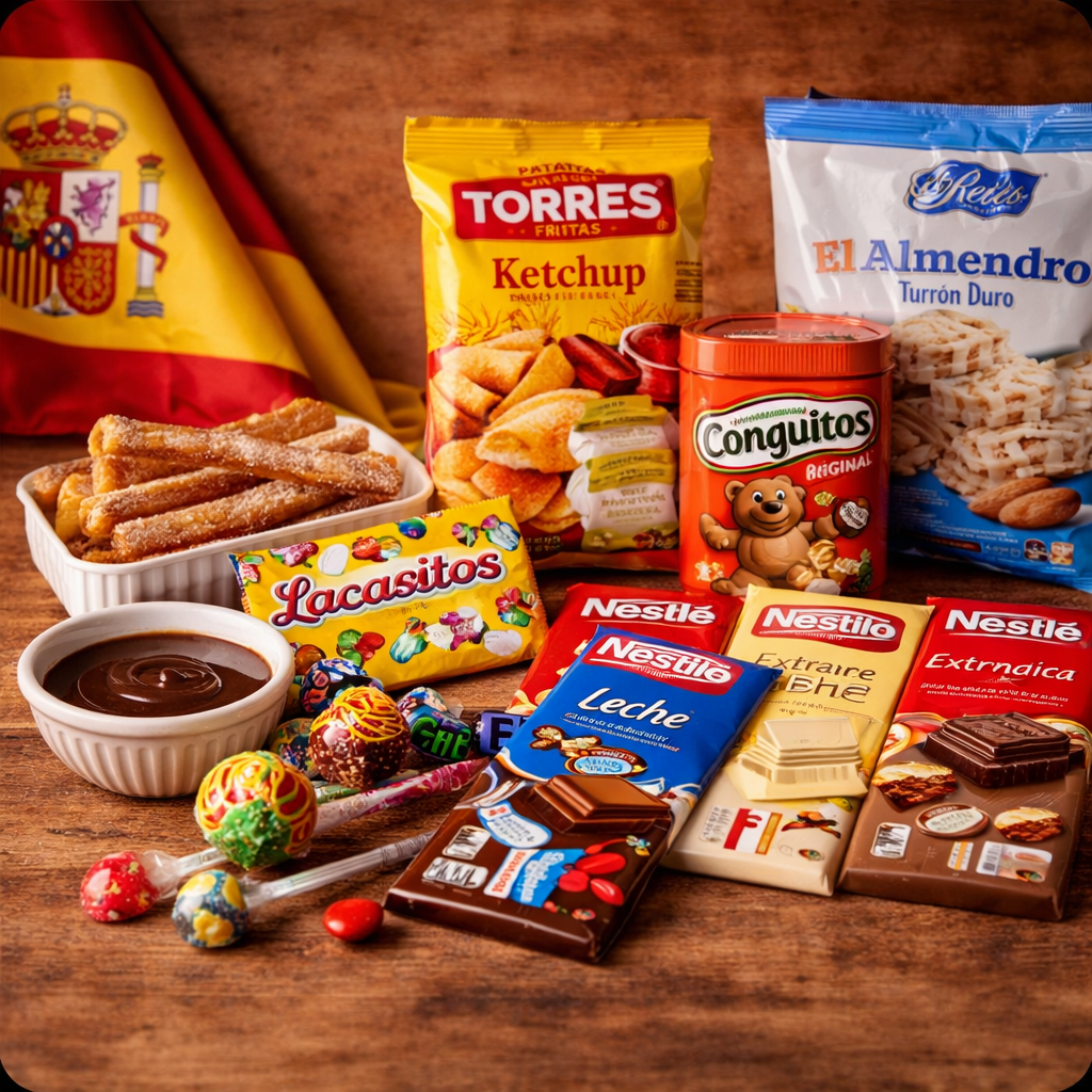Auswahl spanischer Snacks und Süßigkeiten mit Chips, Turrón, Schokolade, Churros und typischen Leckereien aus Spanien