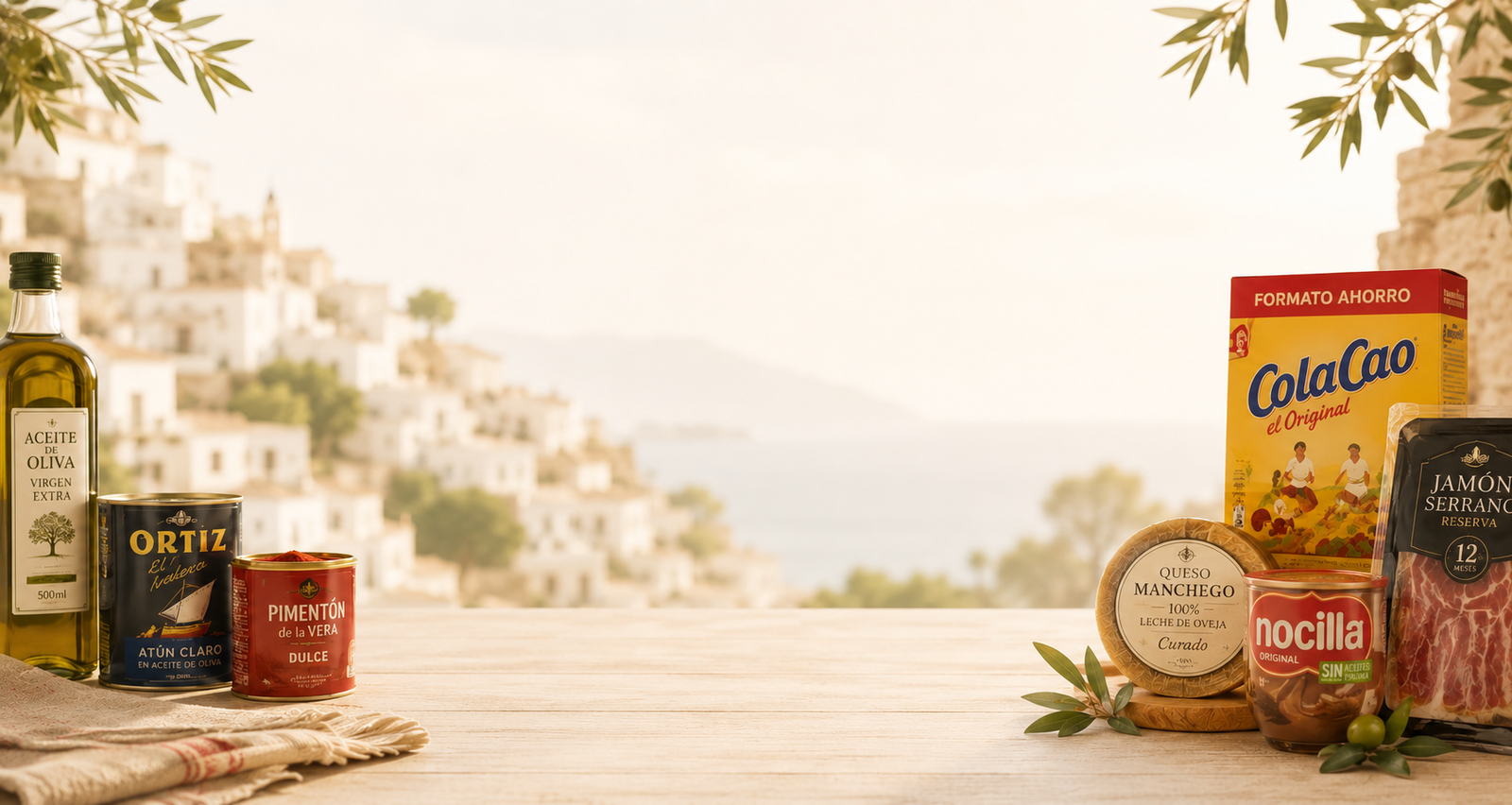 Comida española tradicional con productos gourmet españoles y paisaje mediterráneo de fondo para compra online en Europa.