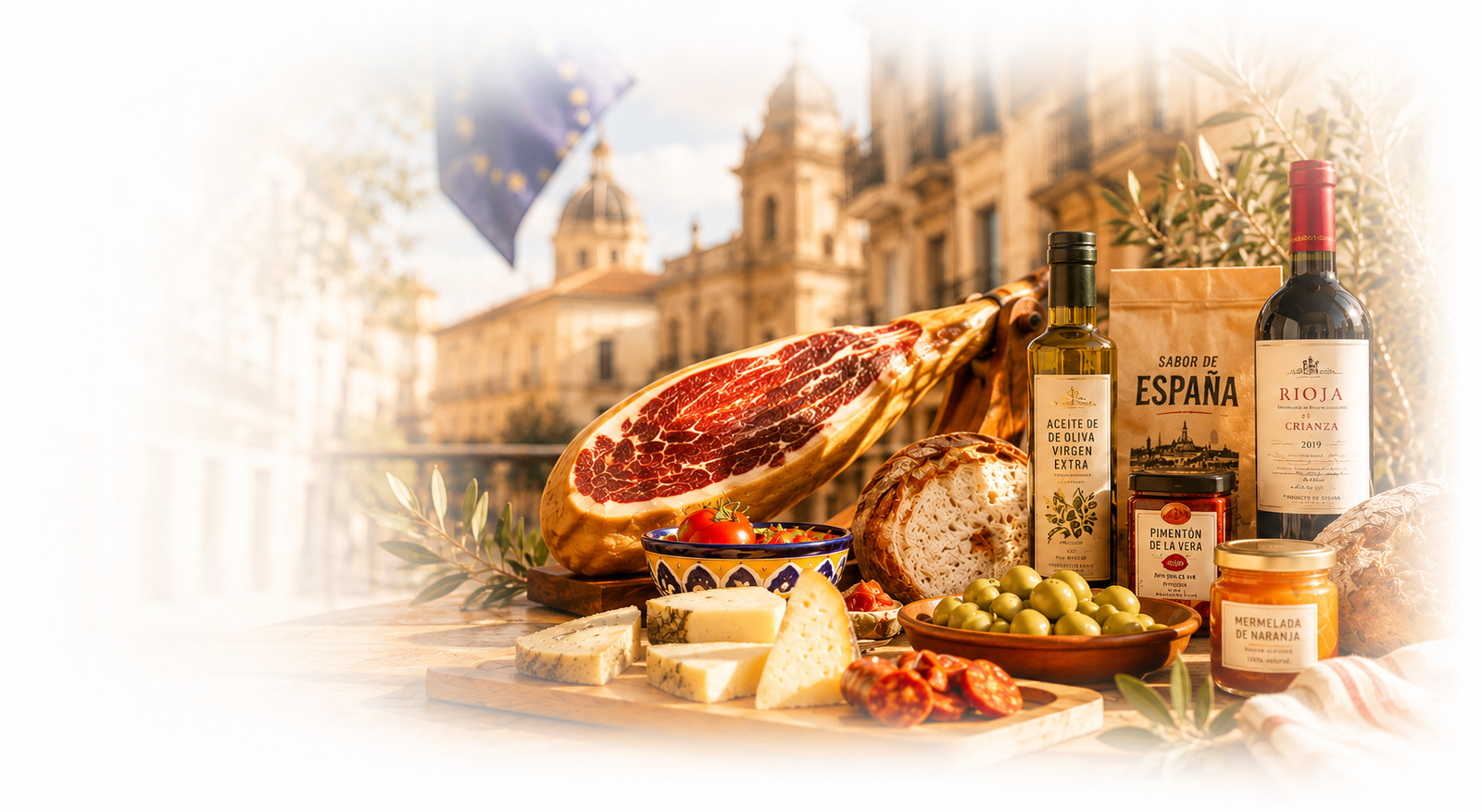 Selección gourmet de productos españoles con jamón ibérico, queso manchego, aceite de oliva, vino Rioja y aceitunas sobre una mesa mediterránea con fondo difuminado de ciudad europea.
